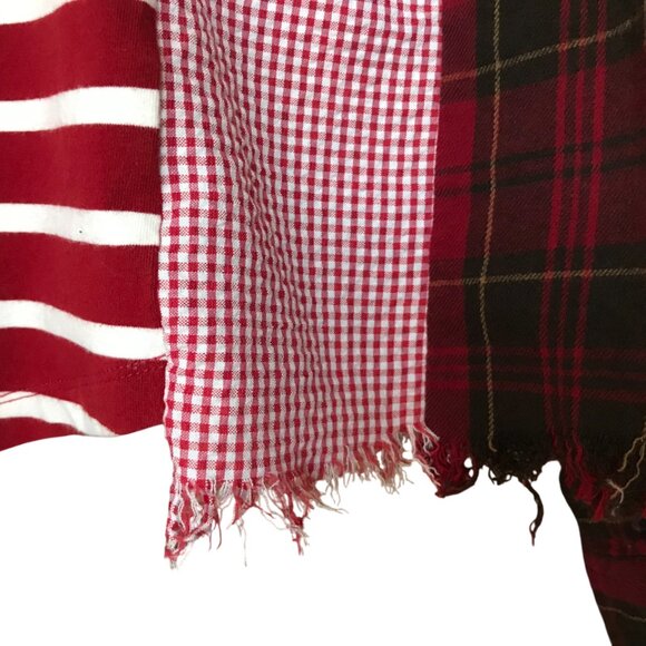 Upcycled Mixed Print Oversized Shirt, M-L: Red Gingham & Plaid Flannel Sleeves - Picture 5 of 14